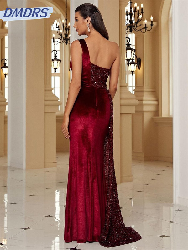 Classic Wine Red Sequined Velvet Evening Dress 2024 Elegant One Shoulder Draped Slit Guest Wedding Dresses Vestidos De Novia