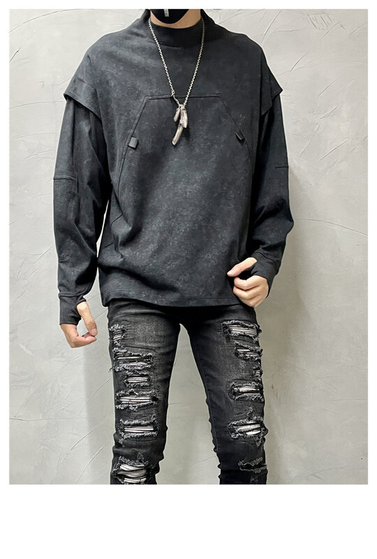 Camiseta lavada de manga comprida masculina, camisa base da moda, luvas de costura com corte em pé, estilo ferrugem escuro, roupa personalizada