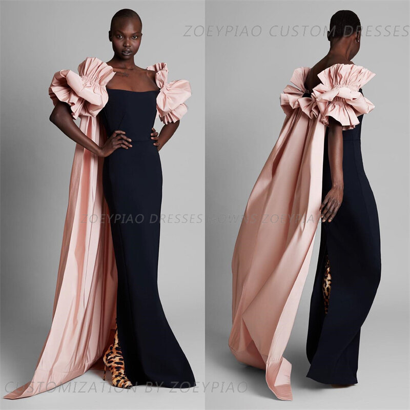 Mode Zwart/Roze Satijn Mouwloze Luxe Avondjurken Strapless Lange Cape Vloerlengte Arabische Elegante Feestjurk