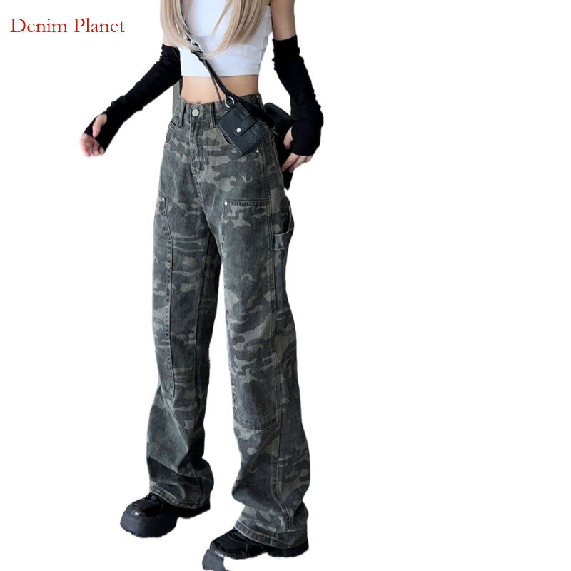 Celana panjang kerja wanita kamuflase Denim Planet Jeans kaki lebar longgar jalanan gadis pedas 2024 baru pinggang tinggi