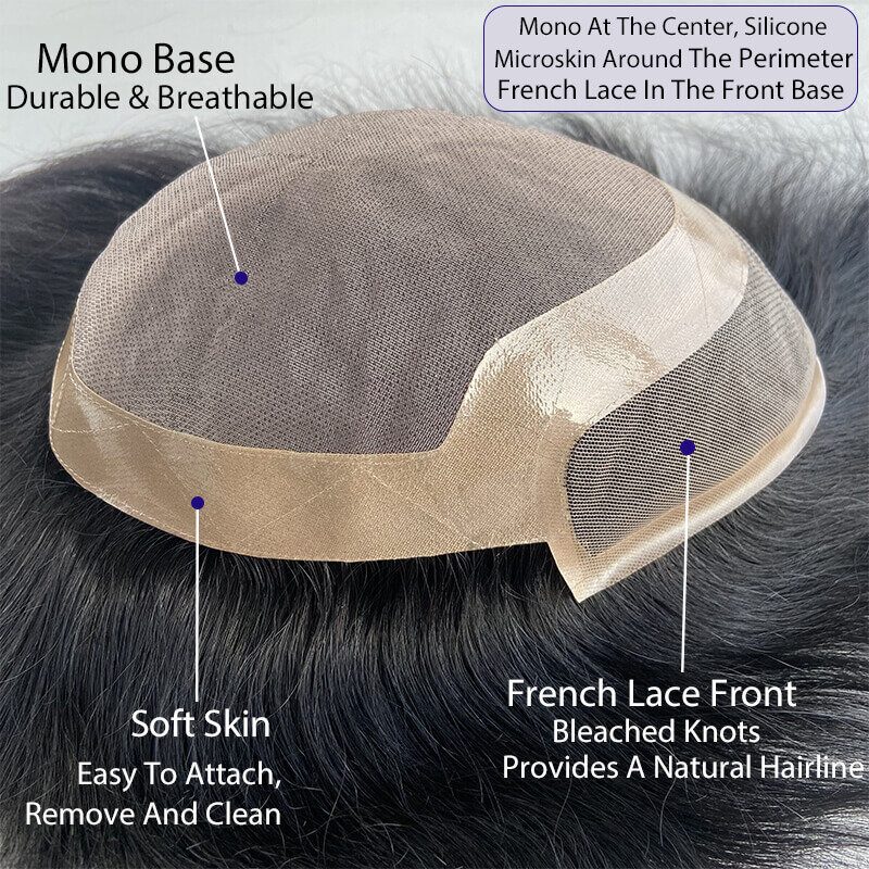 Mono Base With Pu & Lace Front Male Hair Prosthesis Toupee For Men Natural Human Hair Men's Wigs Systems Unit Breathable Man Wig