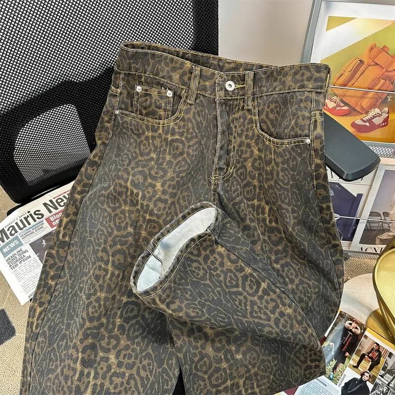 2024 new trendy brand ins pantaloni con stampa leopardata per uomo American Y2K retro high street pantaloni jeans casual larghi pesanti