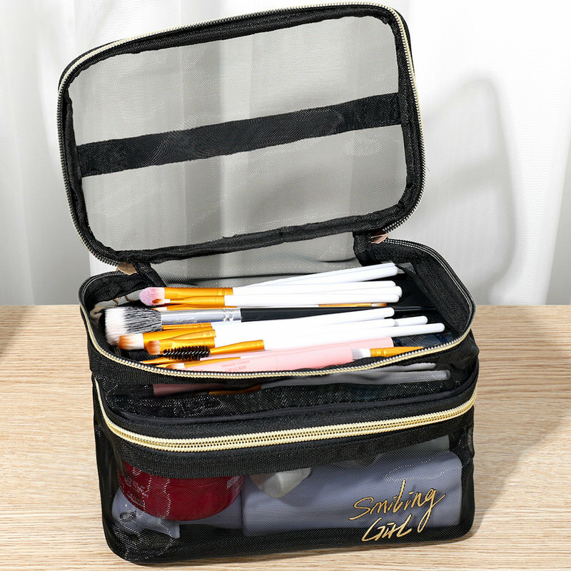 블랙 메쉬 메이크업 가방, 여성 소녀 화장품 가방, 여행용 휴대용 워시 립스틱, 세면 용품, 위생 냅킨 보관 가방
