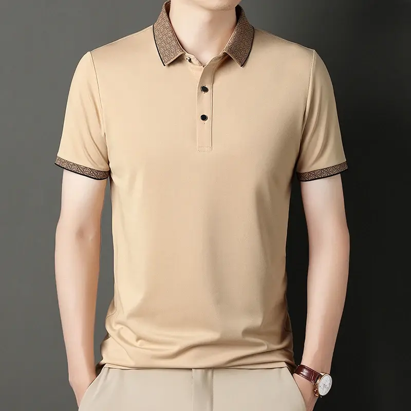 Kaus Polo leher serbaguna pria, T-shirt bisnis warna polos kasual nyaman serbaguna Musim Semi/panas