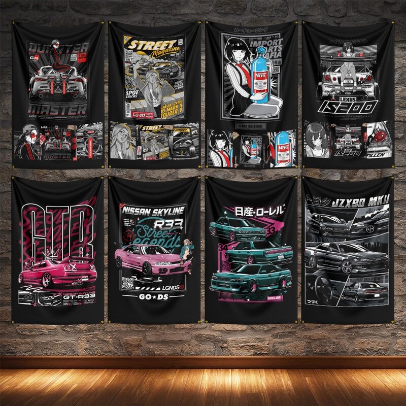 JDM GTR Modified Racing Car Flagge Polyester Digital Printing R34 R35 Cars Banner For Decoration