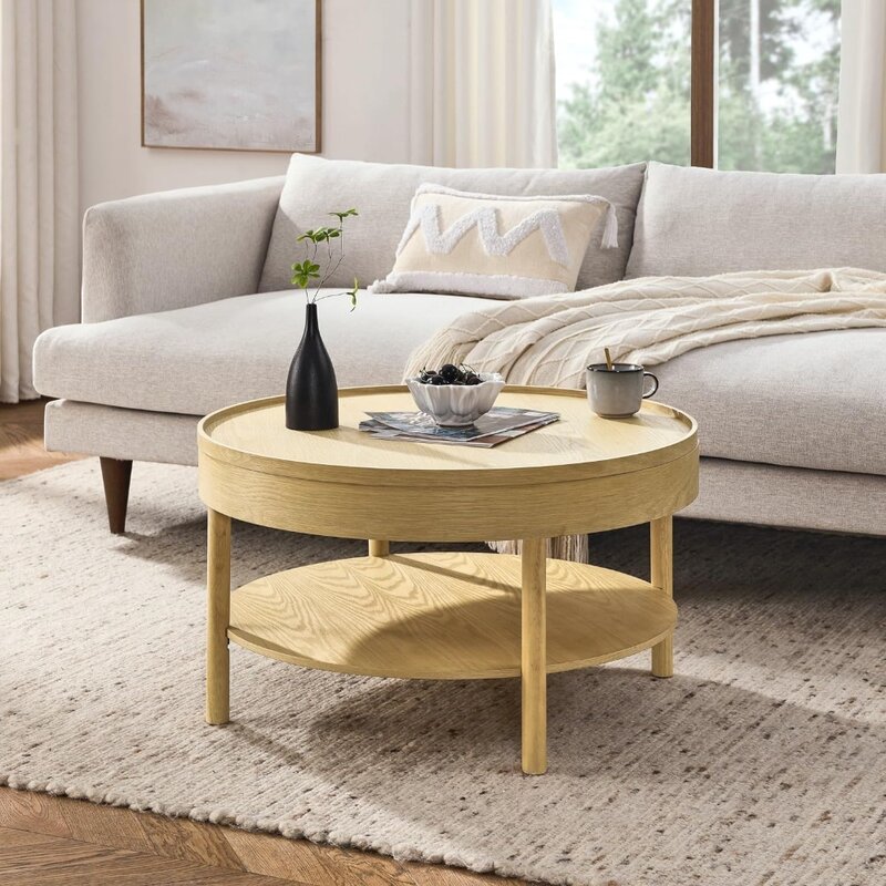 Circular Coffee Table, Modern Living Room Table with 3-Layer 31.5 Inch Storage Rotating Tabletop, 3-Layer Tea Table of  Wood