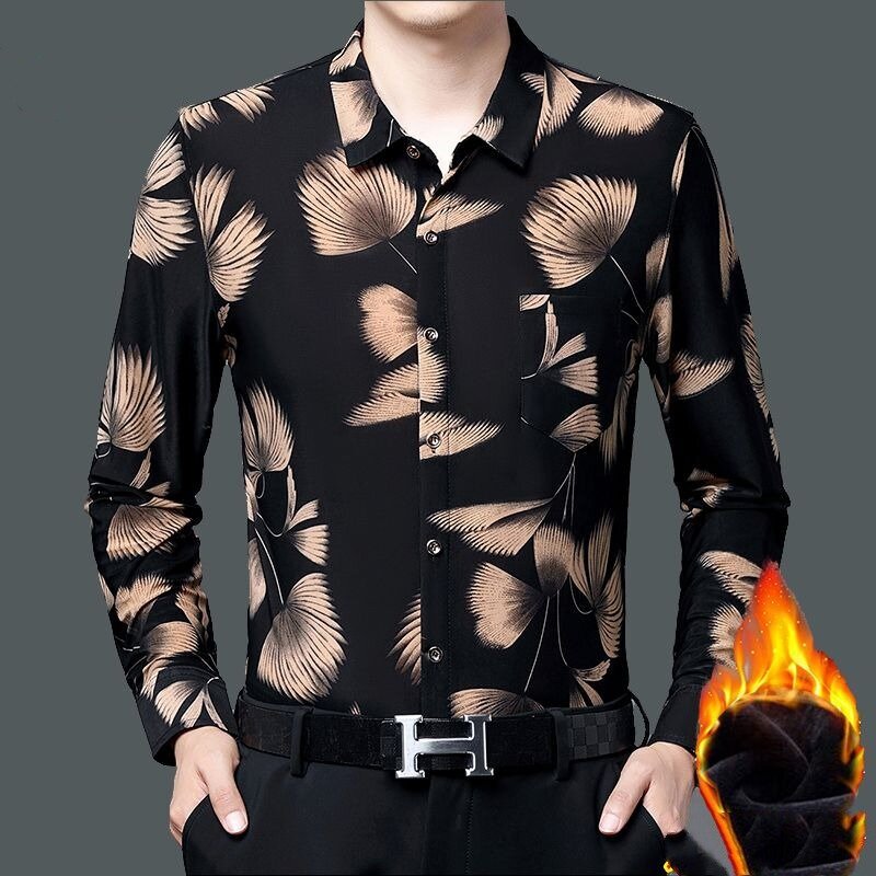 Autumn Winter Men's Turn-down Collar Button Geometric Abstract Flower Printed Long Sleeve Cardigan Shirt Fashion Casual Tops