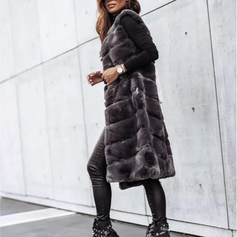 Luksusowy płaszcz futro bez rękawów wysokiej jakości kamizelka ze sztucznego futra płaszcz damski elegancki płaszcz miękki pluszowy na co dzień