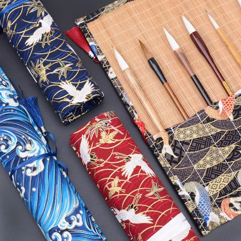 Estuche protector para bolígrafos, herramientas de estilo chino Retro, suministros de bambú para escuela, pintura, bolsa de pincel, bordado