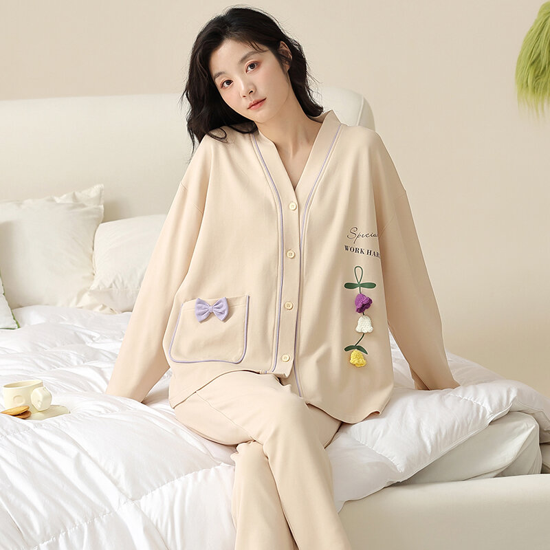 Spring and Autumn Cotton Women's Cardigan Pajamas V-neck Button Cute Flower Bow Decoration Women's Autumn Home Furnishing