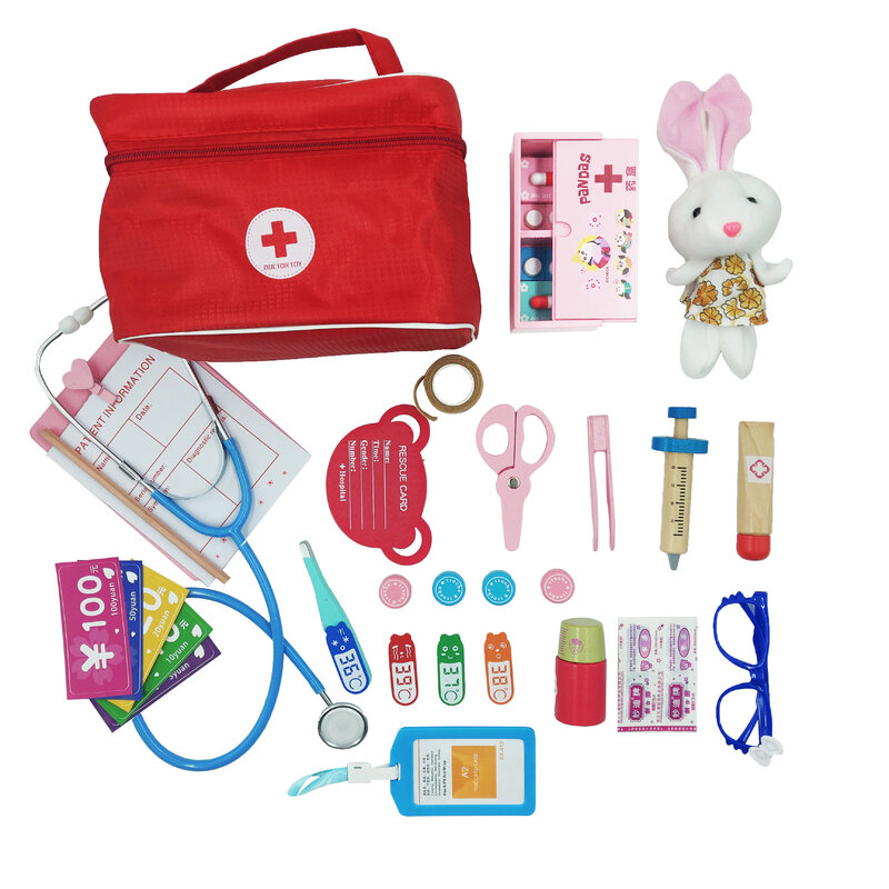 Doctor Toys for Children Set Kids Wooden Pretend Play Kit Games for Girls Boys Red Medical Dentist Medicine Box Cloth Bags