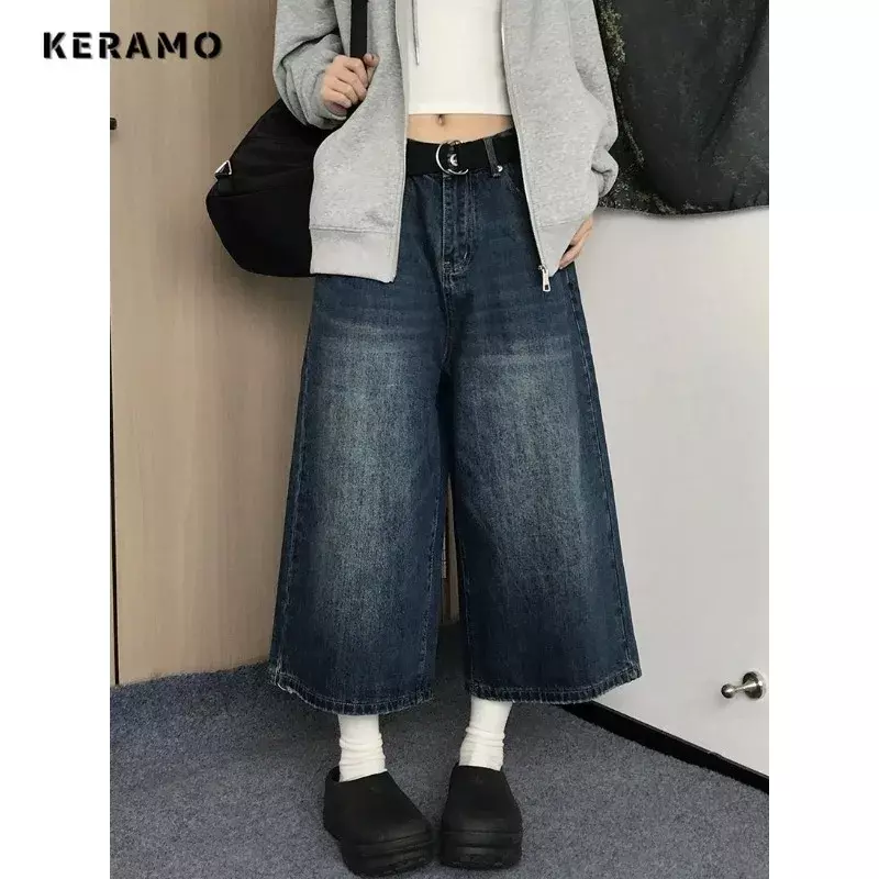 Jeans retrô americano de cintura alta médio longo com bolsos para mulheres, shorts de hip-hop grunge Y2K, jeans lavado, rua casual, verão, 2024