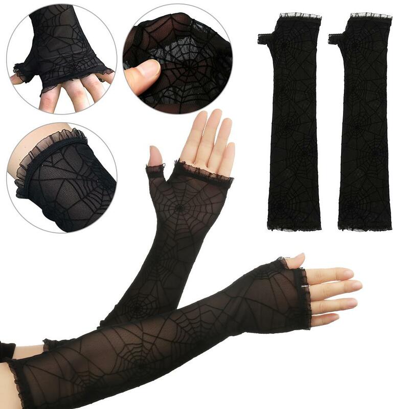 Luvas Cosplay Spider metade do dedo para mulheres, luvas góticas, mangas braço, acessório traje de Halloween, luvas longas, 1 par