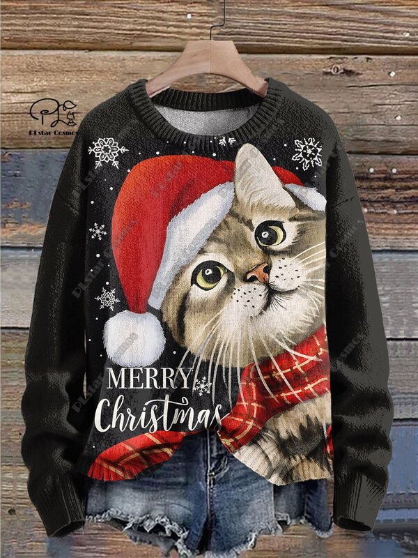 3D printing animal series cool cat print pattern ugly sweater casual winter warm sweater new style unisex   S-12
