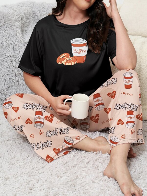 Plus size pajama set, suitable for both home and casual wear, with short sleeves and long pants set, plus size 1-5XL
