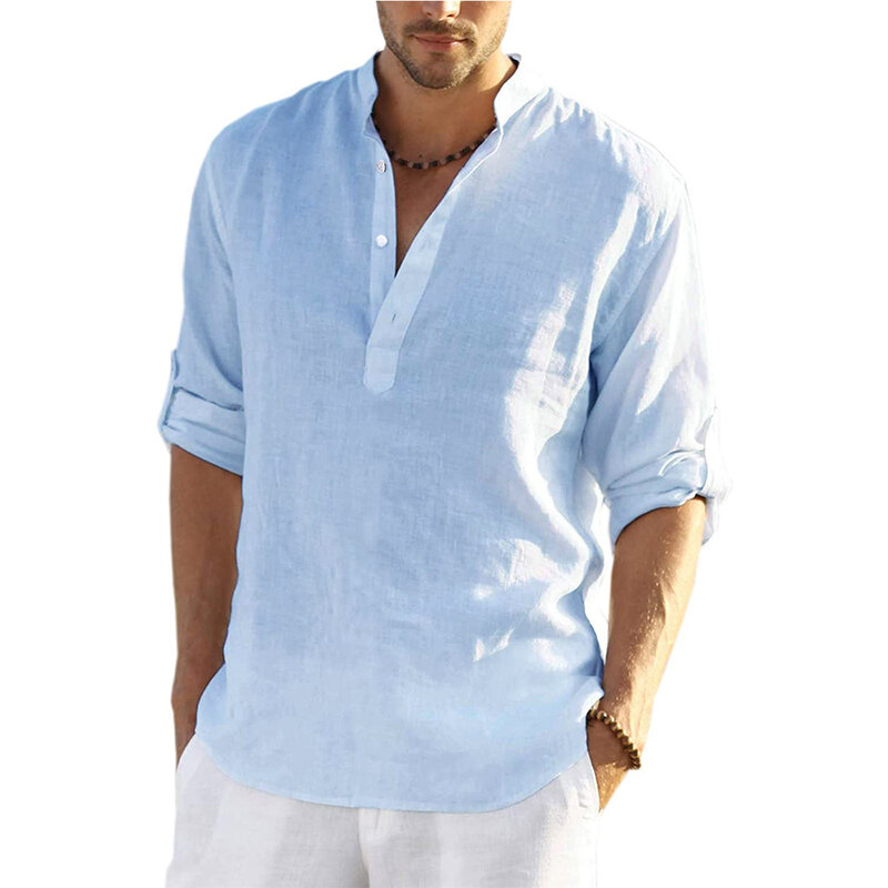 Blus Kasual Pria Baru 2022 Kaus Linen Katun Atasan Longgar Kaus Lengan Panjang Kaus Pria Tampan Kasual Musim Semi Musim Gugur