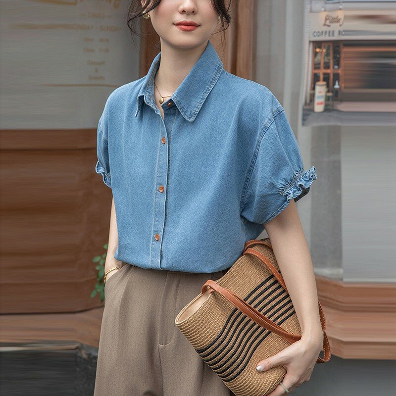 Chemise en denim à manches courtes pour femmes, chemises en Y, style coréen, basique de document solide, été 2024, nouveauté, W1757