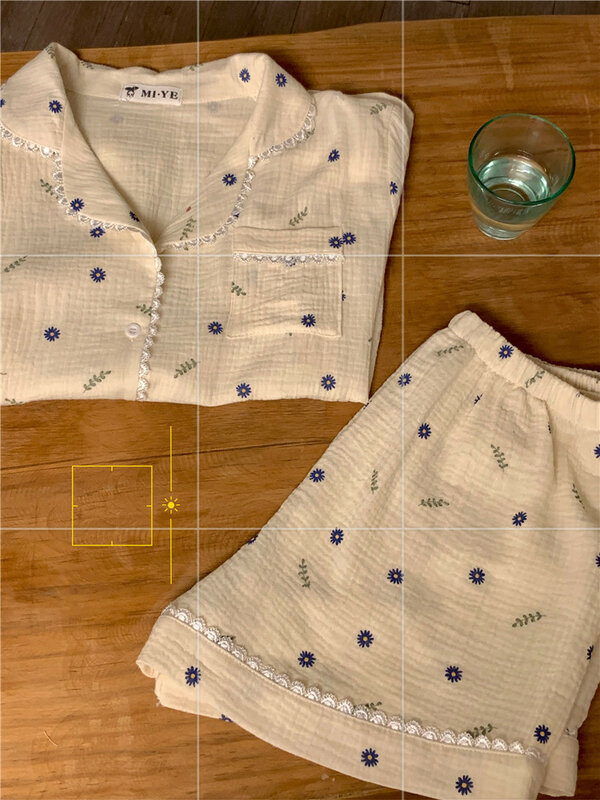 Conjunto bonito de pijama feminino, cardigã de manga curta, espreguiçadeira com estampa em bolinhas, doce estilo japonês, verão, novo, 2024