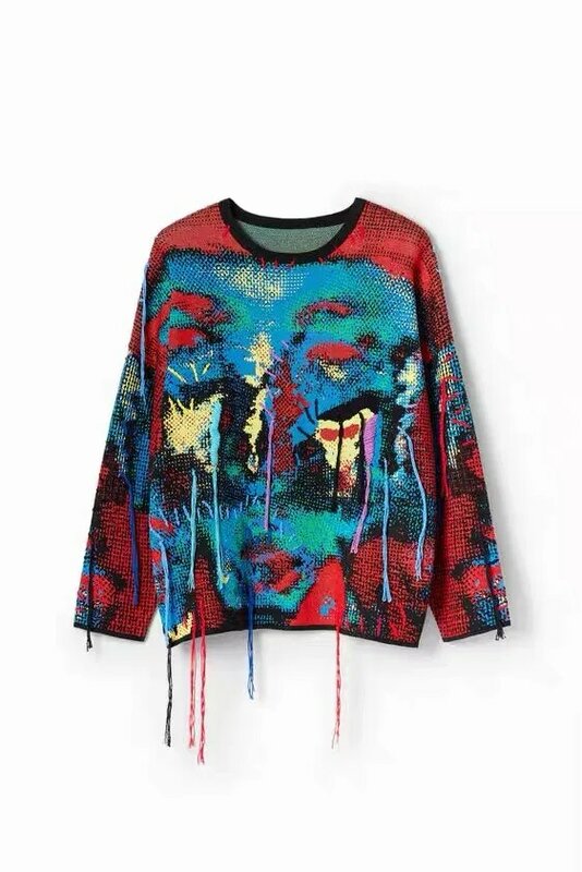 Sweater Jacquard buatan tangan wanita, baju rajutan longgar menggantung benang buatan tangan Spanyol warna kontras
