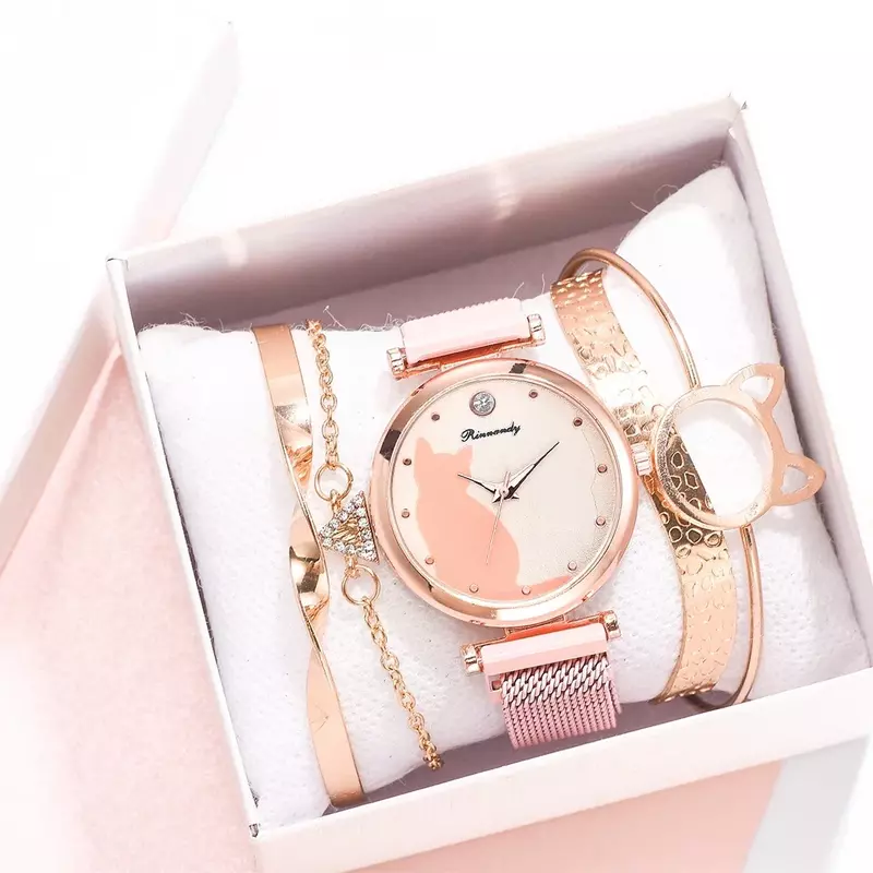 5 pz/set orologi da donna Set di braccialetti in oro rosa modello di gatto orologio con magnete nero bracciale da donna orologi da polso orologio al quarzo di lusso