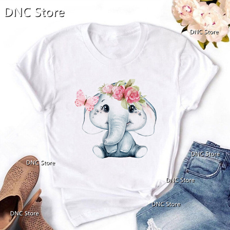 Koszulka Femme Funny Elephant z nadruk z motylem damska koszulka moda estetyczna odzież lato Camiseta Mujer Tshirts