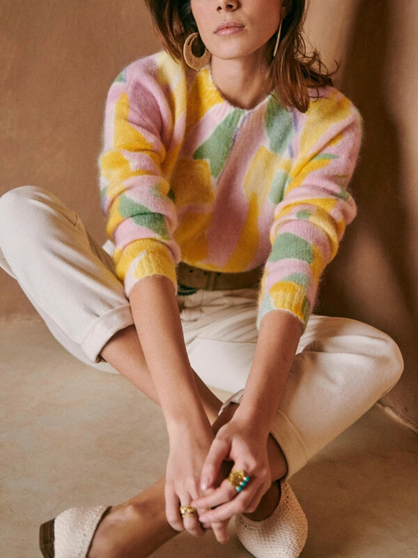 Sweater wanita lengan panjang, Sweater longgar wanita, leher bulat, motif geometris, Pullover lengan panjang, musim semi, 2024