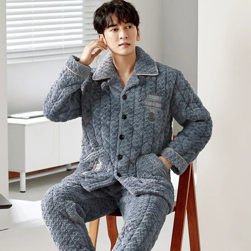 Coral velvet quilted pyjamas male 3 layers thickening warm winter quilted jacket men's pajamas jacquard pijamas hombre inverno