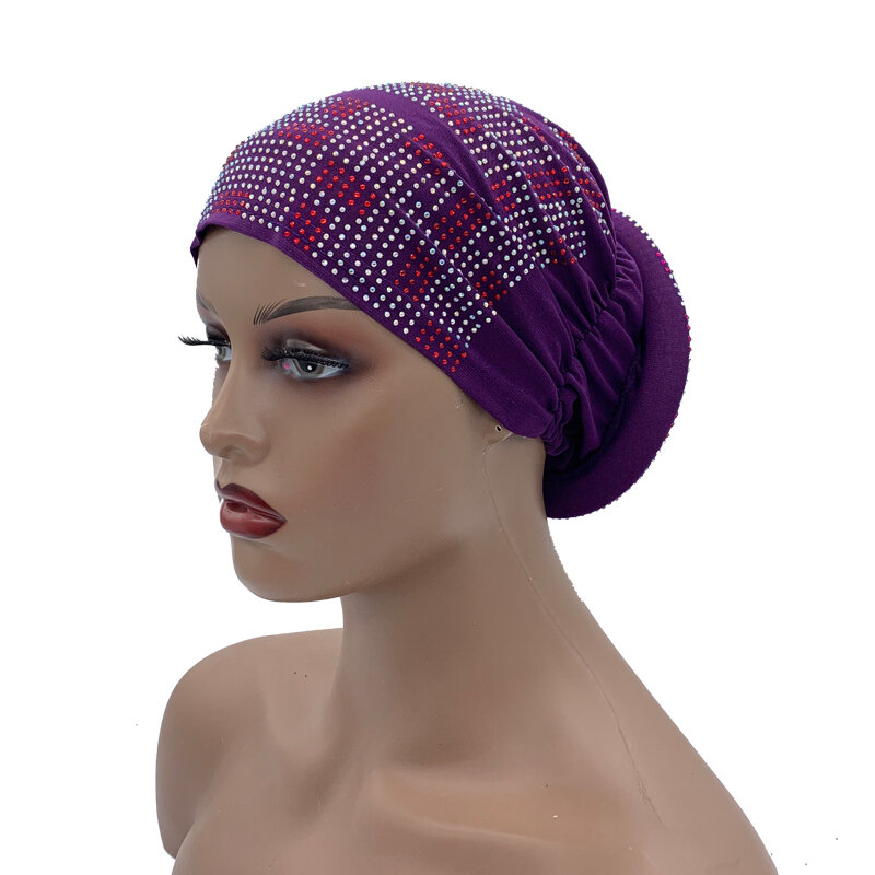 2022 New Women's Pleated Turban Cap with Padded Diamonds Design Elastic Muslim Headscarf Bonnet African Headwrap India Hats