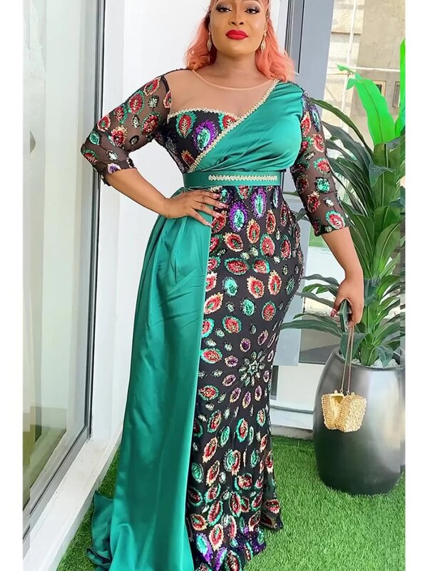 Plus Size African Party Long Dresses for Women 2024 New Dashiki Ankara Sequin Evening Gowns Turkey Outfits Robe Africa Clothing