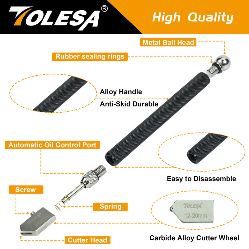 Набор для резки стекла TOLESA 2 мм-20 мм, инструмент для резки стекла с автоматической подачей масла и коробкой, резак для стекла для зеркал/плитки/мозаики