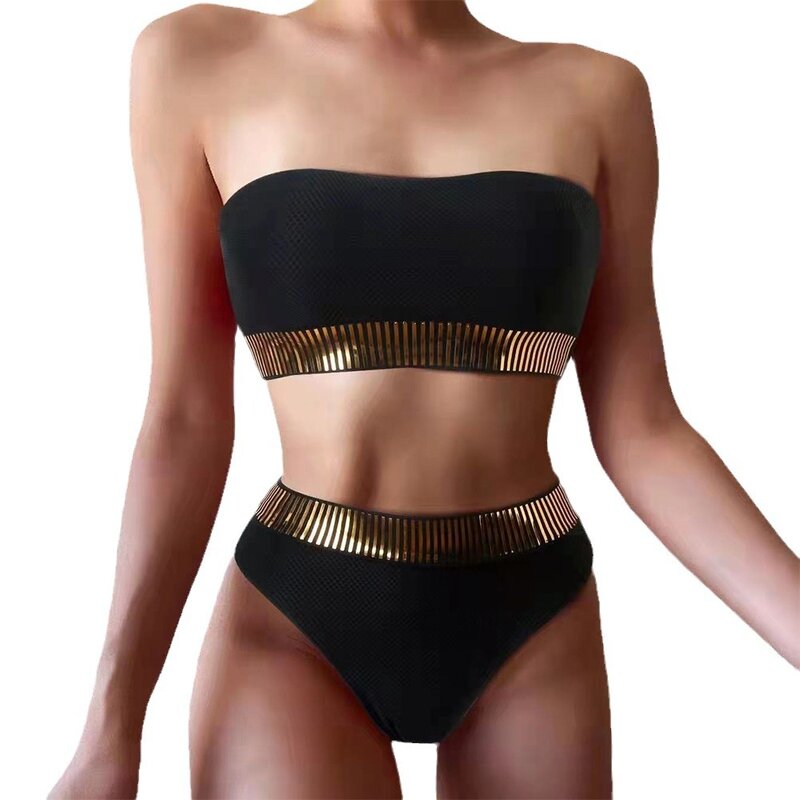 New Sexy Black Bandeau Bikinis Swimsuits Women Swimwear High Waist Beach Swimming Bathing Suits Brazilian Bikini Set Pool 2024
