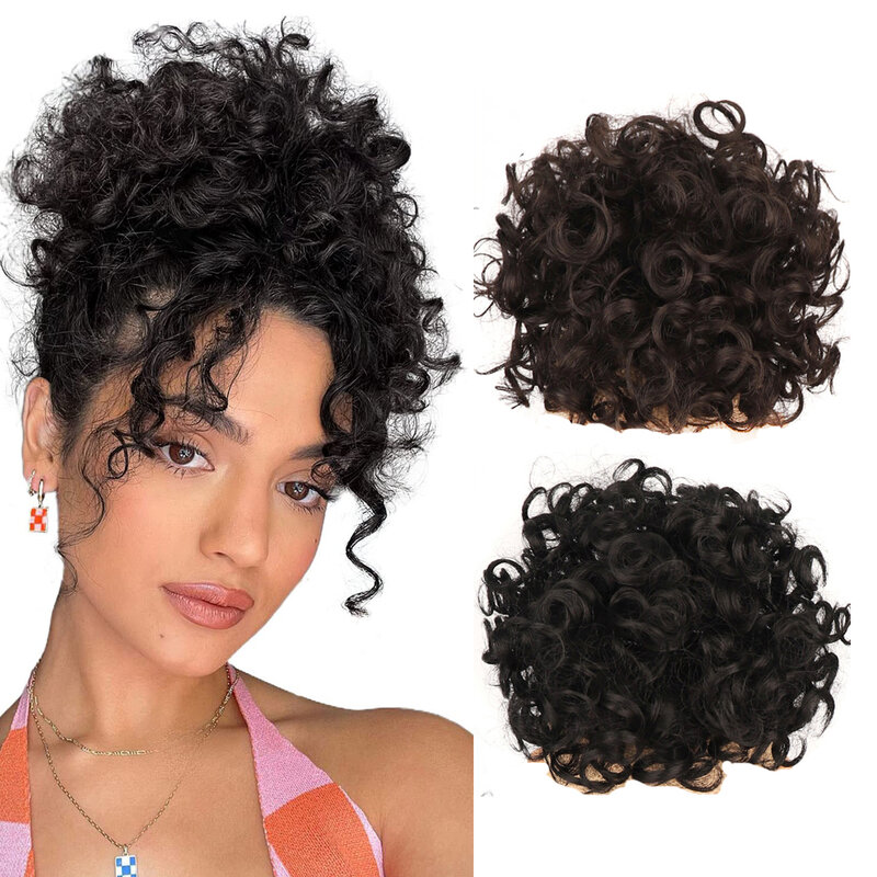 Extensão de cabelo sintético curto bagunçado para mulheres, Kinky Curly, Drawstring Ponytail, Chignon Updo Hairpiece, Afro Puff, Hair Piece