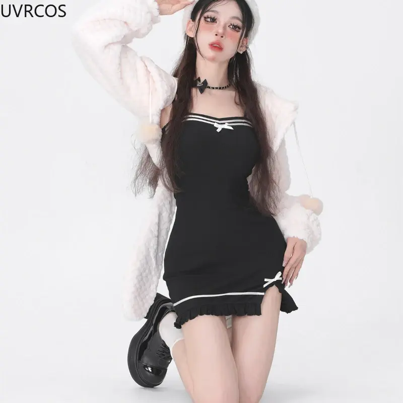 Jesienno-zimowy słodki styl Lolita 2-częściowy zestaw damski Kawaii z uszami wełniany płaszcz z kapturem seksowna kokardka sukienka na ramiączkach damski koreański ładny garnitur