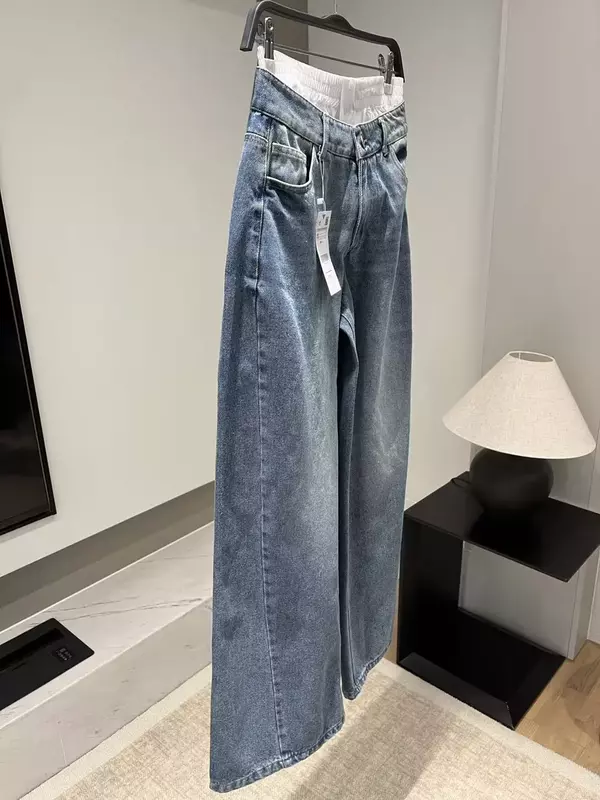 Celana dalam Denim wanita, gaya baru Ultra lebar kaki sudut datar dengan desain berlapis Jeans Vintage pinggang rendah celana Denim Mujer