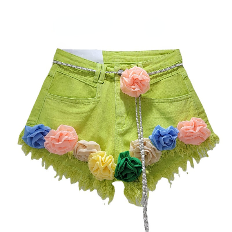 Pantalones cortos vaqueros para mujer, Shorts de cintura alta, holgados y adelgazantes, de pierna ancha, con decoración de flores de Color, 2024