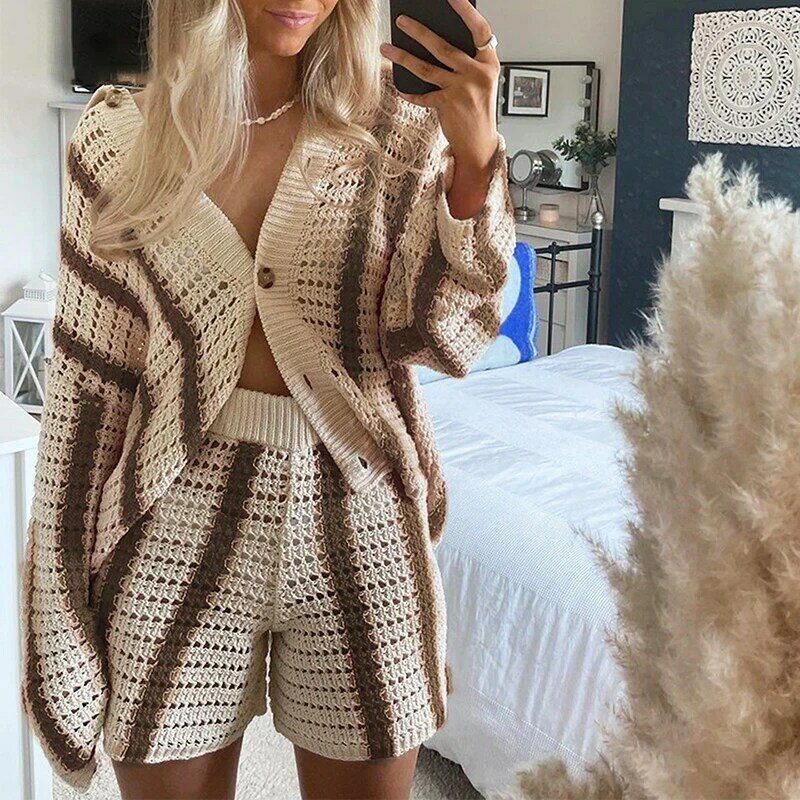 Women Striped Knitted Shirts Tops Cardigan with Shorts Button Decoration Loose Streetwear Fashion Clothes Set Female Clothing