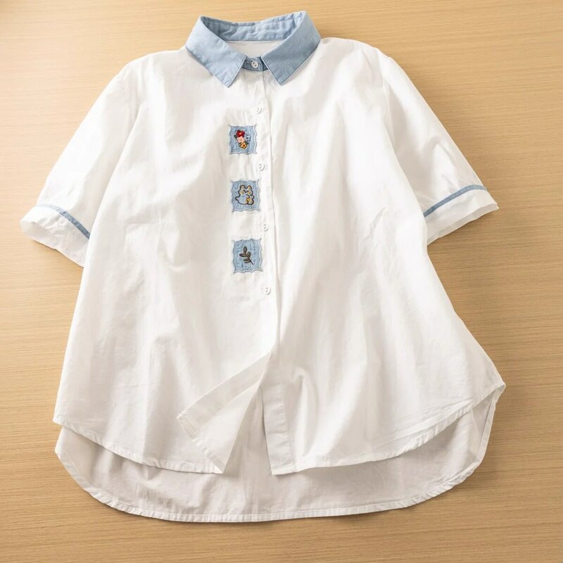 Women's stylish blouses harajuku fashion embroider applique shirts and blouses Japanese vintage clothing  brand women's clothing