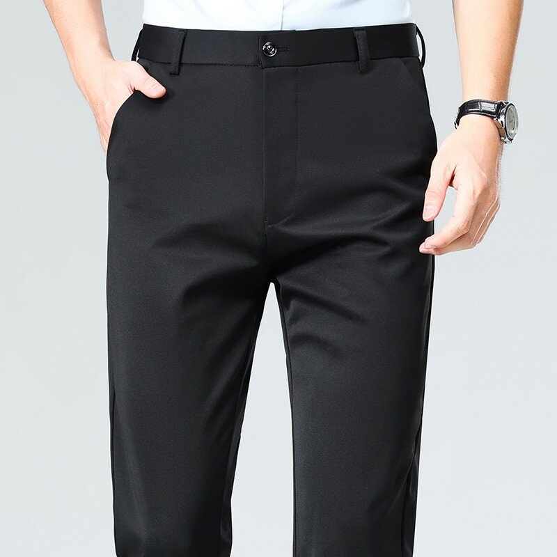 Calça formal de manga reta elástica masculina, calça longa, fina, plus size, comercial, moda casual, verão