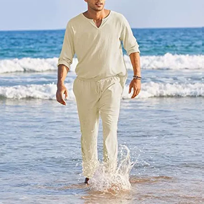 Костюм мужской из двух предметов, рубашка с длинным рукавом и V-образным вырезом и брюки, из хлопка и льна, однотонный винтажный свободный костюм, лето 2023