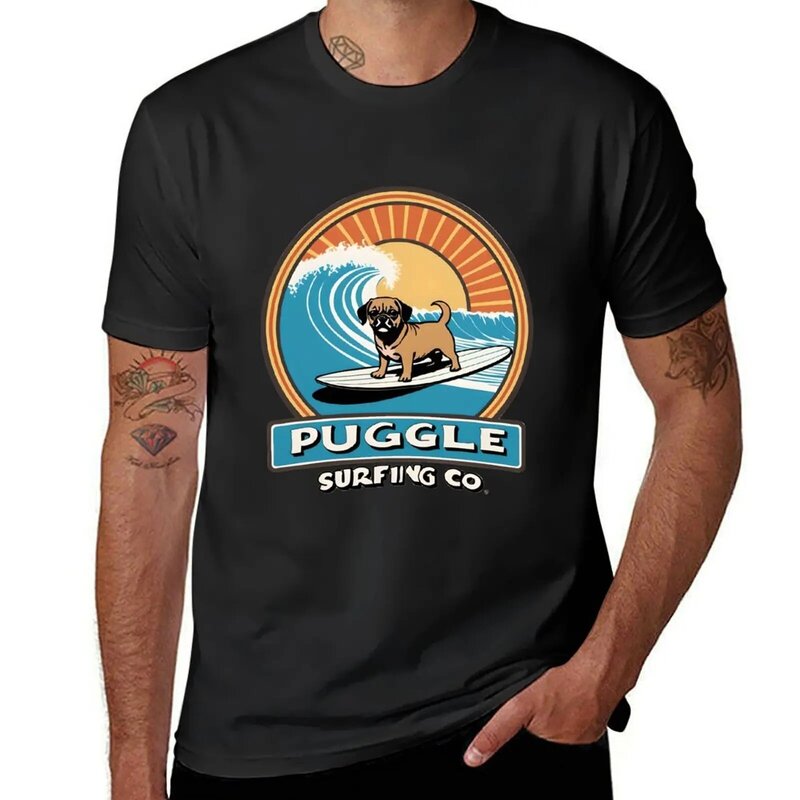 Puggle Surfing Co.-Camiseta de anime vintage para niños, ropa con estampado de animales, camiseta de manga corta personalizada para hombres