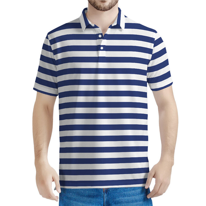 Moda motivo geometrico Polo uomo estate colorato a righe 3D stampato maniche corte top Casual risvolto t-Shirt bottone t-Shirt
