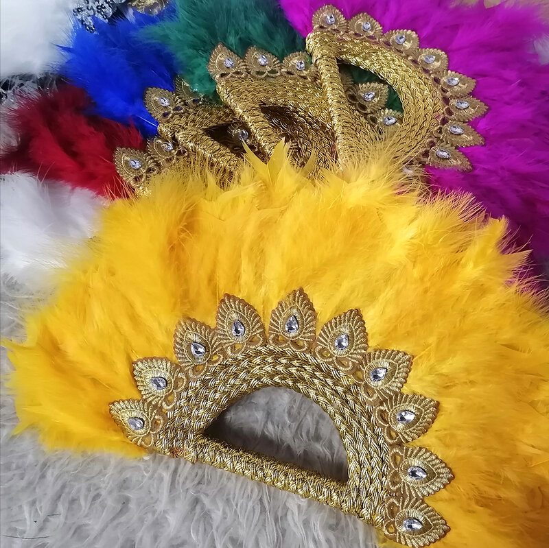 Abanico de plumas de pavo africano hecho a mano, abanico negro para baile, decoración de boda con piedras hechas a mano, personalizado, 1 ud.