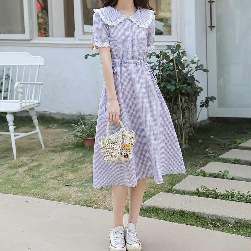 Mori girl plaid vestidos New summer fashion short sleeve women sweet dress