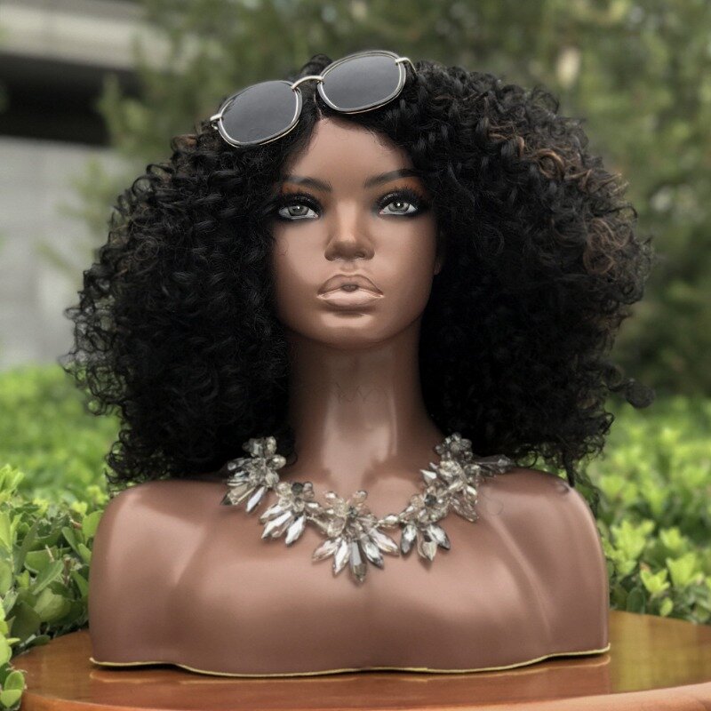 African American PVC Manikin Head Realistic Mannequin Head with Shoulders Bust Wig Head Stand for Wigs Display