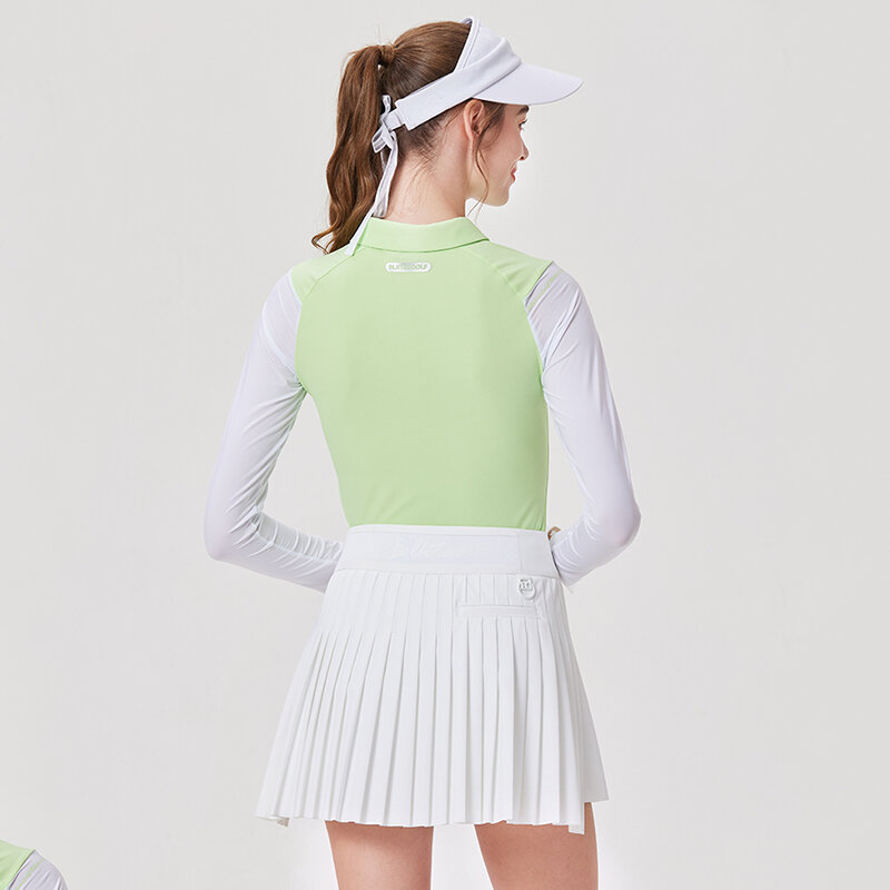 Blktee damska lodowy jedwab koszulka chłodząca Golf z długimi rękawami koszule przeciwsłoneczne antyodblaskowa golfowa plisowana spódnica damska z rozciętym ołówkiem zestaw Skort