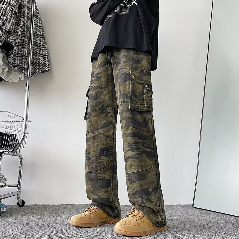 2023 Autumn Winter New Camo High Waist Casual Pants for Men Loose Multi Pocket Heavyweight Wide Leg Trousers Fashion Cargo Pants