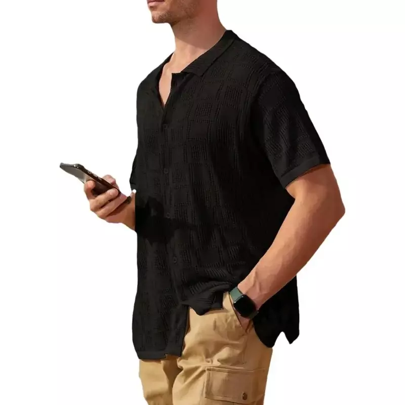 เสื้อฤดูร้อนแขนสั้นปกชายเสื้อมีปกสีทึบลายเรขาคณิตระบายอากาศเสื้อสำหรับทำงานวันหยุด
