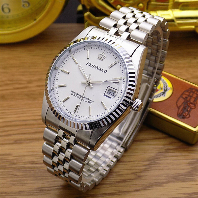 Reginald marca superior relógio moda casual casal relógios prata 316l banda de aço inoxidável data automática quartzo relógios