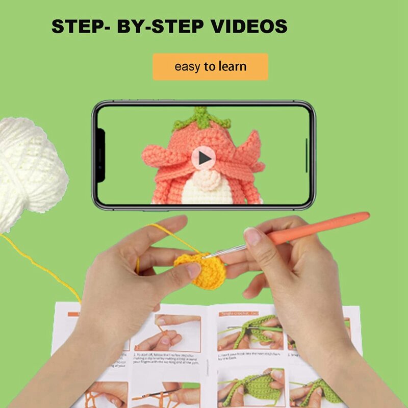 Crochet Starter Kit para iniciantes, Crochet Startup Kit, Inclui instruções passo-a-passo em vídeo tutoriais, 3 Pcs