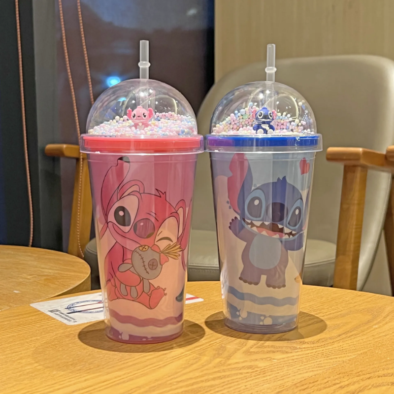 Disney 450ML Lilo & Stitch cangkir air plastik lapisan ganda dengan sedotan Mug hadiah kreatif portabel untuk susu kopi teh cangkir praktis